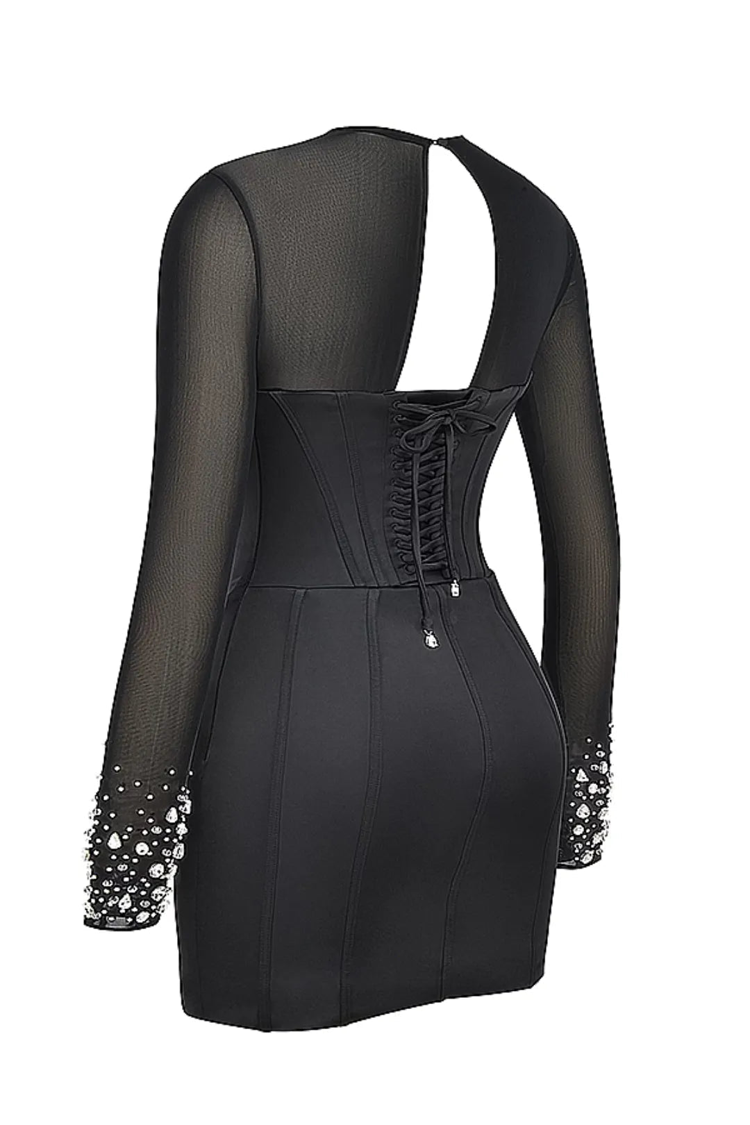 Kurzes schwarzes Shaping-Kleid mit reflektierenden Kristallen – Modell Anastasia