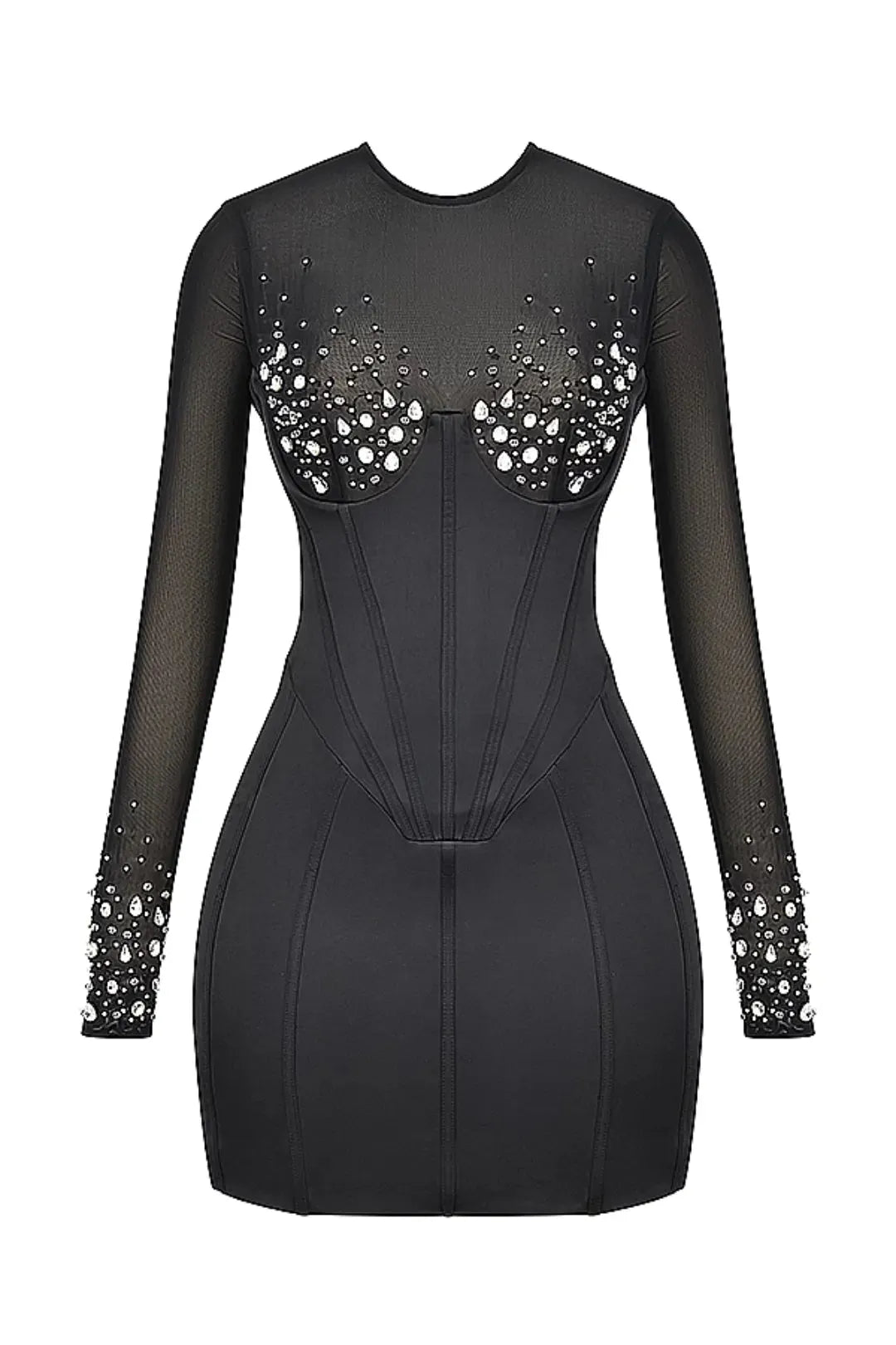 Kurzes schwarzes Shaping-Kleid mit reflektierenden Kristallen – Modell Anastasia