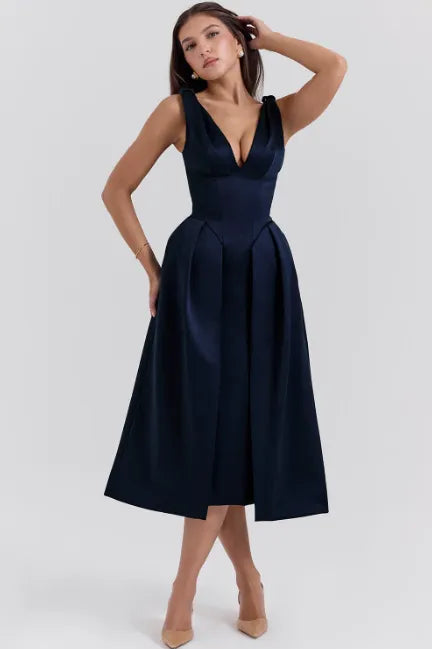Robe midi plissée en satin pêche