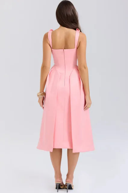 Robe midi plissée en satin pêche