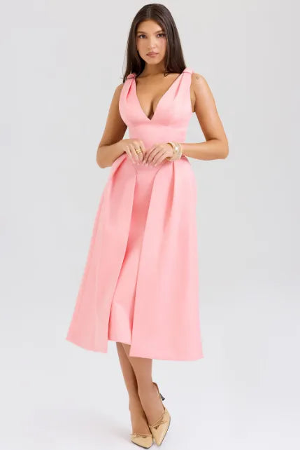 Robe midi plissée en satin pêche