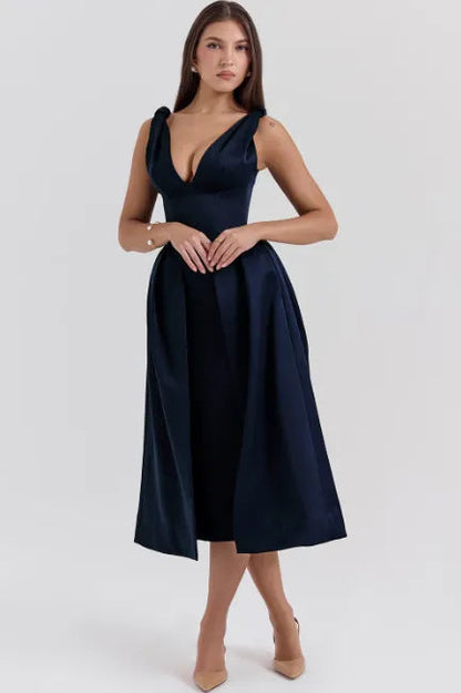 Peach Satin Pleated Midi Dress