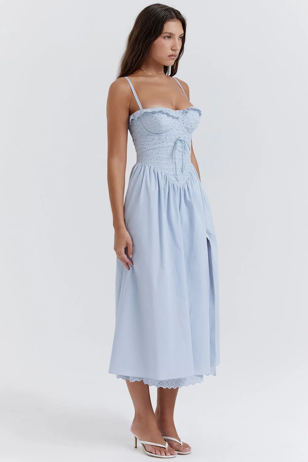 Elegant Sky Blue Embroidered Midi Dress - Emily Model