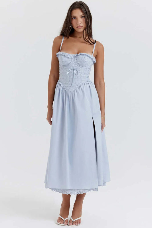 Elegant Sky Blue Embroidered Midi Dress - Emily Model