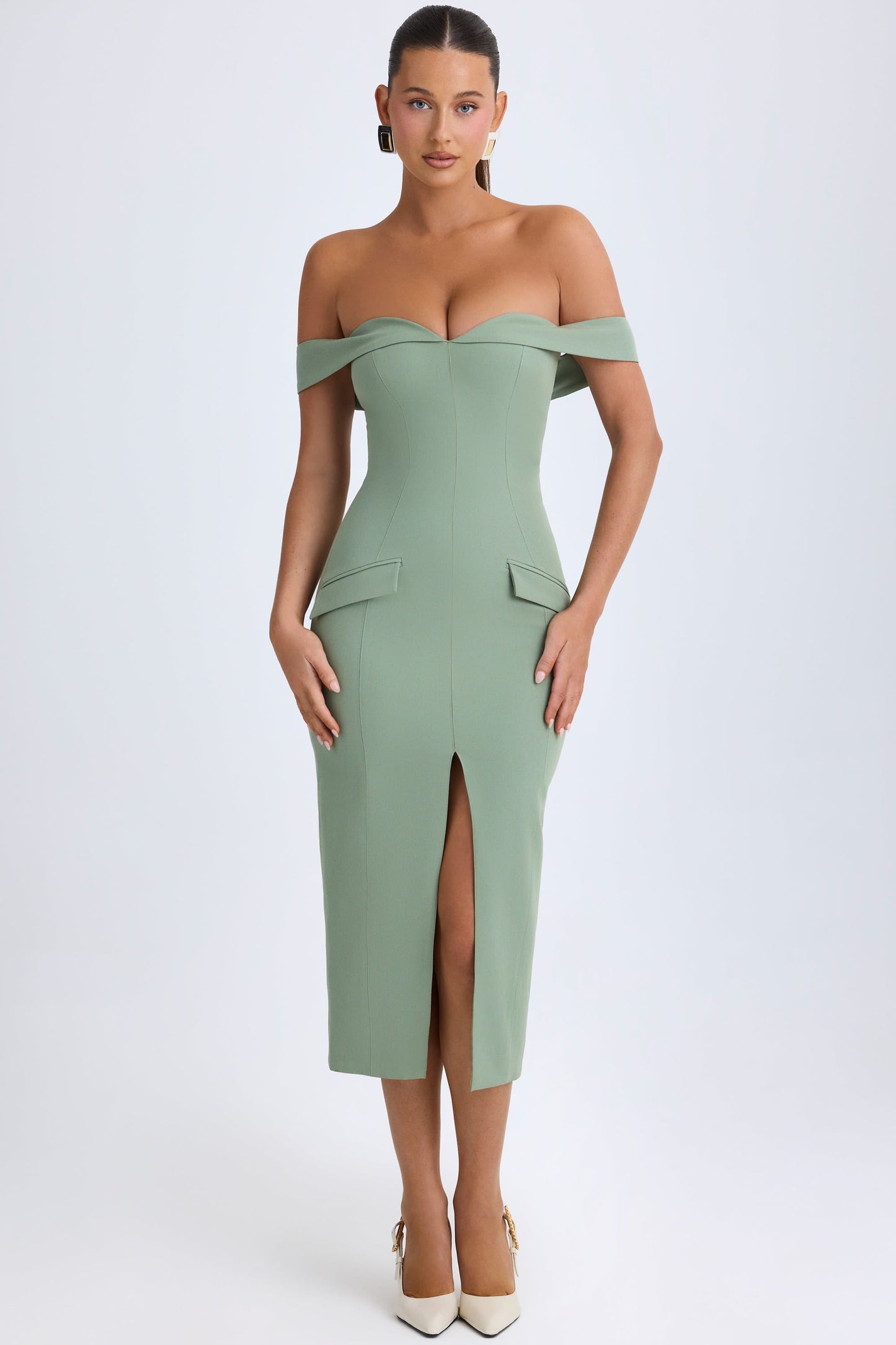 Khaki Green Off-Shoulder Midi Dress