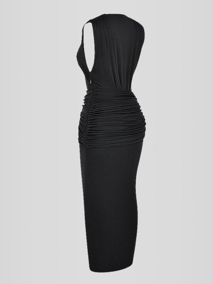 Yara Black Long Dress - Deep V-Neck