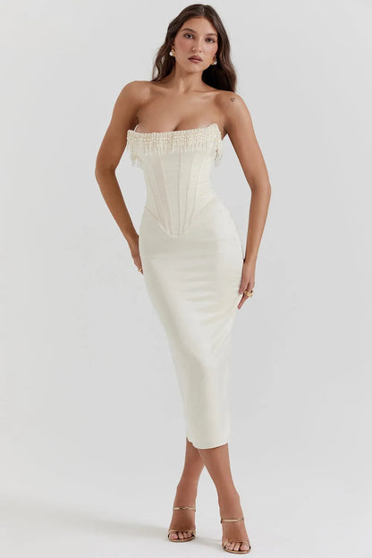 Elegant White Midi Dress with Pearls – Arizona Model
