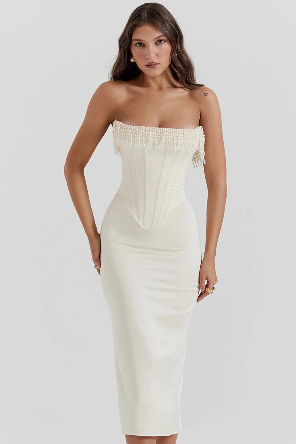 Elegant White Midi Dress with Pearls – Arizona Model