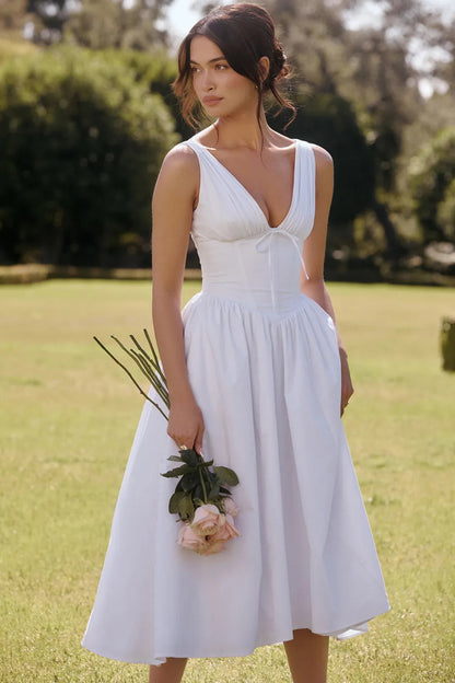 White Midi Dress for Civil Wedding with Corset and Pockets – Emmelina